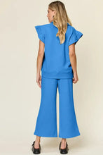 Bright blue Double Take Texture Ruffle short sleeve top and wide-leg pants set