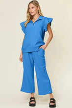 Blue textured Double Take Texture Ruffle two-piece set with wide-leg pants