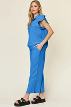 Double Take Texture Ruffle Short Sleeve Top and Wide Leg Pants Set in vibrant blue