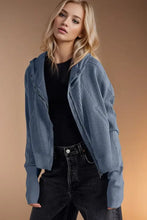 Blue waffle knit zip long sleeve hooded jacket in corduroy