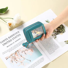 Teal leather Double Zipper Card Case with ID window and butterfly zipper pull
