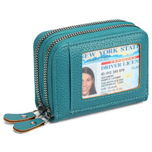 Teal textured leather double zipper card case with ID window