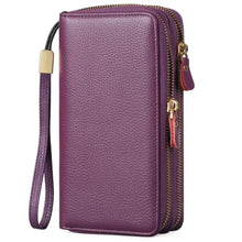 Purple textured leather Double Zipper Leather Wallet with dual zippers and wrist strap