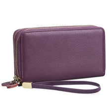 Double Zipper Leather Wallet in purple textured leather with gold zipper and strap