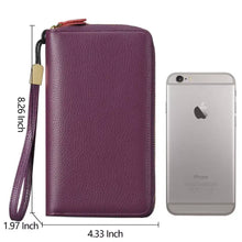 Double Zipper Leather Wallet in purple textured leather with wrist strap