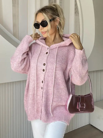 Drawstring Button Down Hooded Cardigan Dusty Pink One Size Woman Outerwear