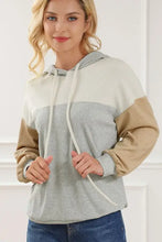Plus size drawstring color block long sleeve hoodie in gray and beige