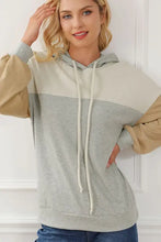 Beige and gray drawstring color block long sleeve hoodie for women