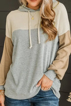 Women’s drawstring color block long sleeve hoodie in cream, grey, tan