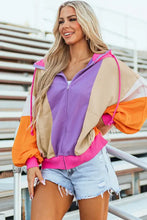 Vibrant drawstring color block long sleeve hoodie in orange, purple, pink, beige, white