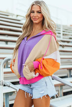 Multicolored drawstring color block long sleeve zip hoodie