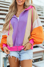 Drawstring color block long sleeve hoodie with balloon sleeves and ribbed hem