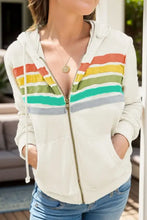 Off-white drawstring contrast zip long sleeve hoodie with rainbow stripes