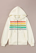 Cream long sleeve hoodie with drawstring contrast zip and rainbow stripes