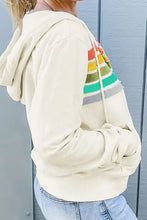 Cream-colored drawstring contrast zip long sleeve hoodie with colorful sleeve stripes