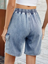 Light wash drawstring denim shorts with stretch waist and pockets