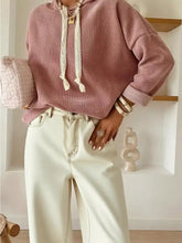 Soft pink ribbed knit drawstring dropped shoulder hoodie with cream lace drawstrings and gold toggle machine wash tumble dry low