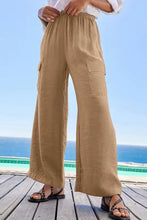 Drawstring Frilled Waist Wide Leg Utility Trousers Khaki Woman Pants
