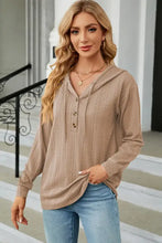 Women’s tan long sleeve hoodie with drawstring half button Henley
