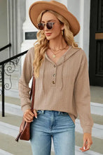 Beige women’s long sleeve hoodie with drawstring half button placket