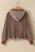 Brown corduroy drawstring half zip long sleeve hoodie with ribbed cuffs