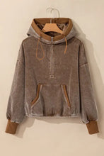 Brown corduroy drawstring half zip long sleeve hoodie with pouch pocket