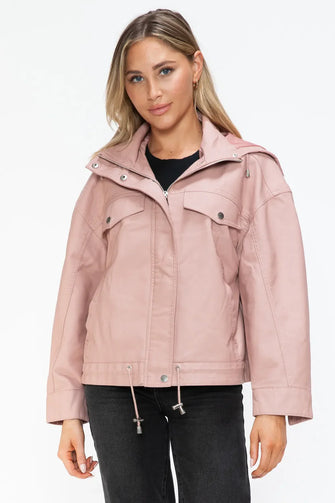 Drawstring Hem PU Leather Zip Up Jacket in Dusty Rose for Women Mauve