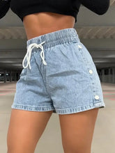 Drawstring high waist denim shorts with elastic waist and side buttons