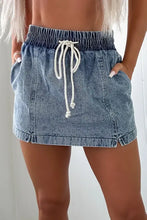 Drawstring high waist pocketed acid wash denim mini skirt