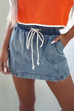 Drawstring high waist pocketed acid wash denim mini skirt