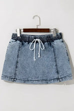 Light blue drawstring high waist pocketed acid wash denim mini skirt