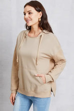 Beige long-sleeved drawstring kangaroo pocket dropped shoulder hoodie
