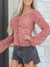 Pink floral lace blouse with long sleeves and drawstring knot tied front detail for elegant wear