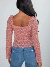 Pink floral lace blouse with drawstring knot detail ruched long sleeves and square neckline for elegant wear