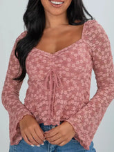 Pink floral lace blouse with drawstring knot detail long sleeves ruched front and square neckline