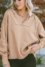 Light brown waffle knit drawstring long sleeve hoodie with henley placket