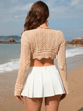 Beige openwork long sleeve cropped cardigan with drawstring and scalloped hem