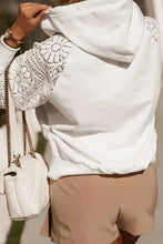 White drawstring openwork long sleeve hoodie with lace details