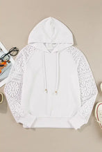 White drawstring openwork long sleeve hoodie with lace raglan sleeves