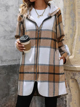 Drawstring Plaid Zip Up Long Sleeve Hooded Outerwear Woman Outerwear