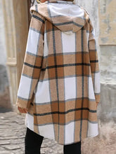 Drawstring plaid zip hooded wool coat in beige, brown, white