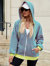 Women’s drawstring striped zip long sleeve hoodie with pockets
