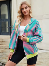 Drawstring Striped Zip Up Long Sleeve Hoodie Woman Sweatshirts