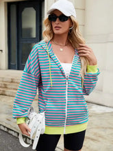Drawstring striped zip long sleeve hoodie with contrasting cuffs and hem