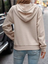 Beige quilted drawstring textured dropped shoulder hoodie with diamond-stitched pattern and ribbed cuffs, machine wash care instructions, slightly stretchy