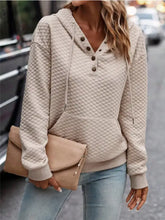 Beige quilted drawstring textured dropped shoulder hoodie with button front detail, slightly stretchy and machine wash care instructions