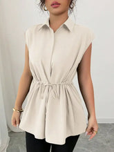 Beige drawstring waist cap sleeve shirt with collar sleeveless design and adjustable waist for a comfortable fit