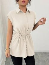 Beige sleeveless button-up top with drawstring waist and waist cap sleeve detail for casual wear