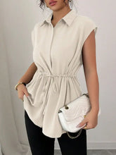 Cream-colored sleeveless drawstring waist cap sleeve blouse with collar for stylish casual or office wear