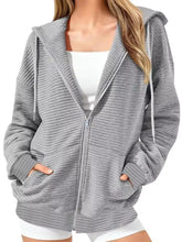 Gray ribbed knit drawstring zip up dropped shoulder hoodie with front pockets and machine wash care instructions